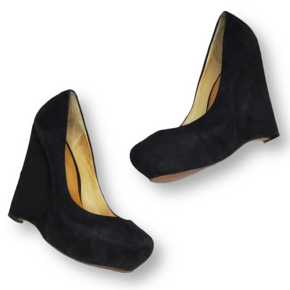 L.A.M.B. Plum Suede Wedges Black Size 6M - Picture 1 of 8